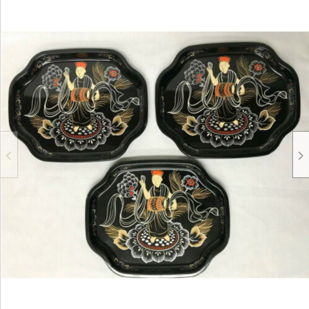 Vtg Elite Made in England Set of 3 Metal Trays Oriental Asian Drummer Design